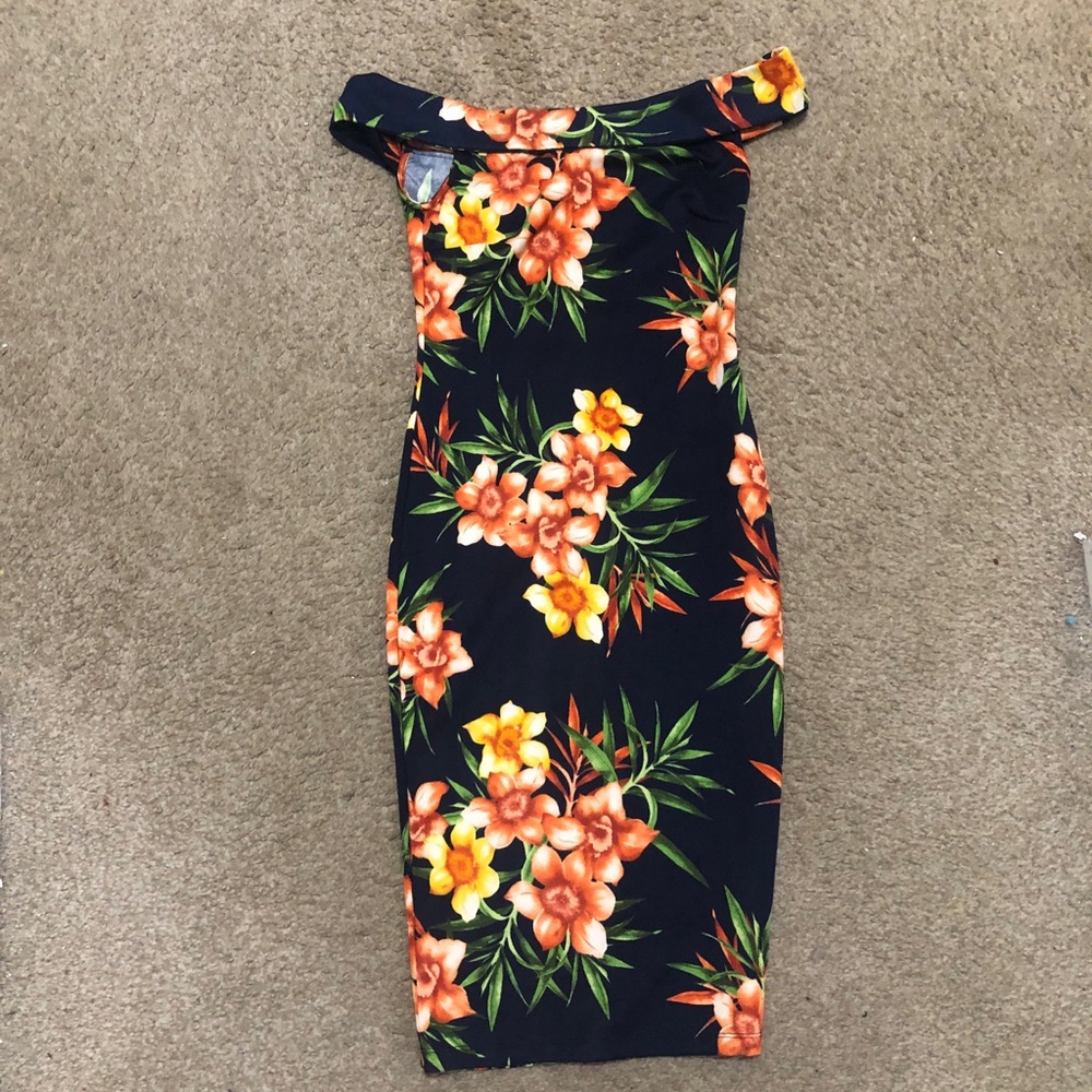 DNA couture Navy One-Shoulder Floral Bodycon Dress with Orange BloomsSize M - Picture 2 of 11